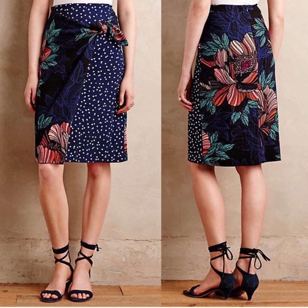 Anthropologie Maeve Polka Dot Floral Wrap Skirt Size 4
